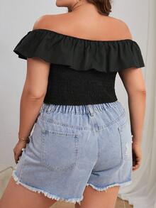 SHEIN Privé Plus Floral Embroidery Off Shoulder Crop Top - Black - View 3