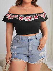SHEIN Privé Plus Floral Embroidery Off Shoulder Crop Top - Black - View 4
