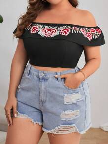 SHEIN Privé Plus Floral Embroidery Off Shoulder Crop Top - Black - View 1
