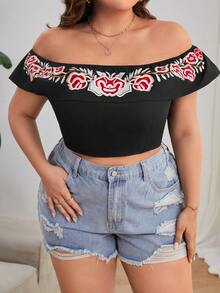 SHEIN Privé Plus Floral Embroidery Off Shoulder Crop Top - Black - View 5