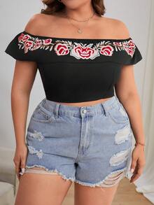 SHEIN Privé Plus Floral Embroidery Off Shoulder Crop Top - Black - View 6