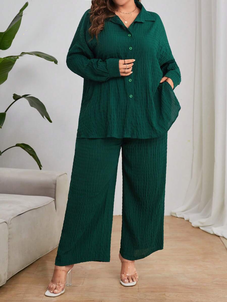 SHEIN Essnce Plus Solid Button Front Shirt & Wide Leg Trousers - Dark Green - View 1