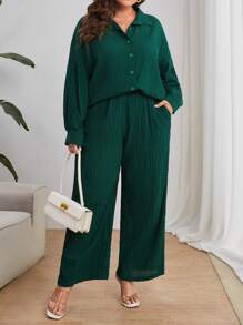 SHEIN Essnce Plus Solid Button Front Shirt & Wide Leg Trousers - Dark Green - View 3