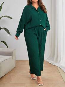 SHEIN Essnce Plus Solid Button Front Shirt & Wide Leg Trousers - Dark Green - View 4