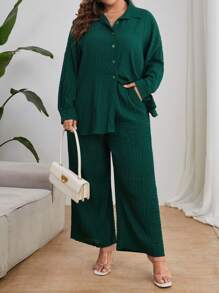 SHEIN Essnce Plus Solid Button Front Shirt & Wide Leg Trousers - Dark Green - View 5