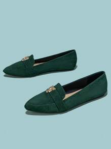 2025 Otoño Mujeres Mocasines planos con decoración metálica en la punta, Zapatos planos de moda - Verde Oscuro - Ver 3