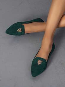 2025 Otoño Mujeres Mocasines planos con decoración metálica en la punta, Zapatos planos de moda - Verde Oscuro - Ver 6