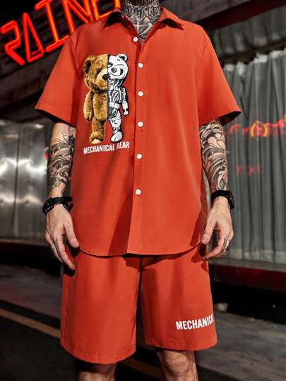 Guys Bear & Letter Graphic Shirt & Drawstring Waist Shorts Without Tee