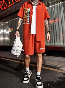 Manfinity LEGND Men Bear & Letter Graphic Shirt & Drawstring Waist Shorts Without Tee - Burnt Orange - View 3