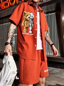 Manfinity LEGND Men Bear & Letter Graphic Shirt & Drawstring Waist Shorts Without Tee - Burnt Orange - View 4