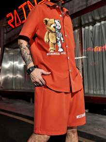 Manfinity LEGND Men Bear & Letter Graphic Shirt & Drawstring Waist Shorts Without Tee - Burnt Orange - View 6