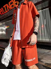 Manfinity LEGND Men Bear & Letter Graphic Shirt & Drawstring Waist Shorts Without Tee - Burnt Orange - View 7