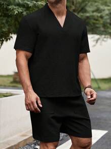 Manfinity RSRT Men Solid V Neck Top & Shorts - Black - View 5