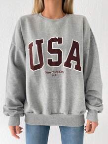 RueChic Letter Graphic Drop Shoulder Sweatshirt - Light Grey - View 3