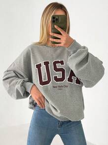 RueChic Letter Graphic Drop Shoulder Sweatshirt - Light Grey - View 4