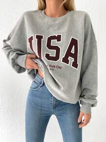 RueChic Letter Graphic Drop Shoulder Sweatshirt - Light Grey - View 5