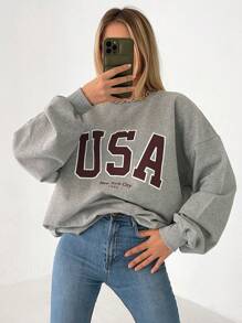 RueChic Letter Graphic Drop Shoulder Sweatshirt - Light Grey - View 6