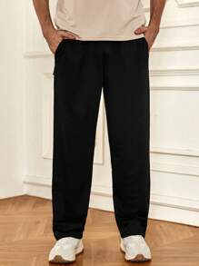 Manfinity Homme Men's Loose Solid Color Sweatpants With Slant Pockets And Drawstring Waistband - Black - View 5