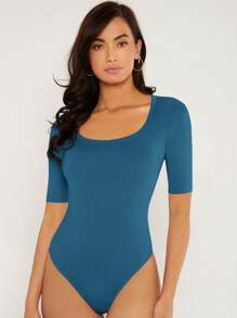 SHEIN BASICS Solid Scoop Neck Bodysuit - Dusty Blue - View 4