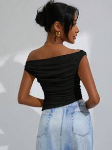 GENKIRA Top corto con cuello asimétrico y fruncido en los laterales - Negro - Ver 2