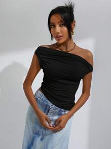 GENKIRA Top corto con cuello asimétrico y fruncido en los laterales - Negro - Ver 3