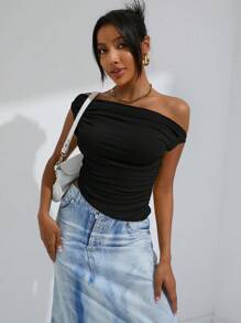 GENKIRA Top corto con cuello asimétrico y fruncido en los laterales - Negro - Ver 4