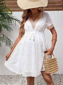 SHEIN 孕婦蕾絲拼接腰部抽繩連衣裙 - 白色 - 查看 3