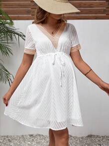 SHEIN 孕婦蕾絲拼接腰部抽繩連衣裙 - 白色 - 查看 4