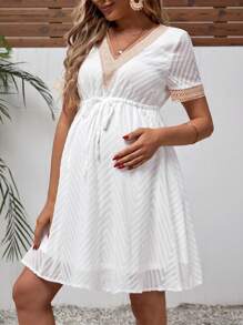 SHEIN 孕婦蕾絲拼接腰部抽繩連衣裙 - 白色 - 查看 5