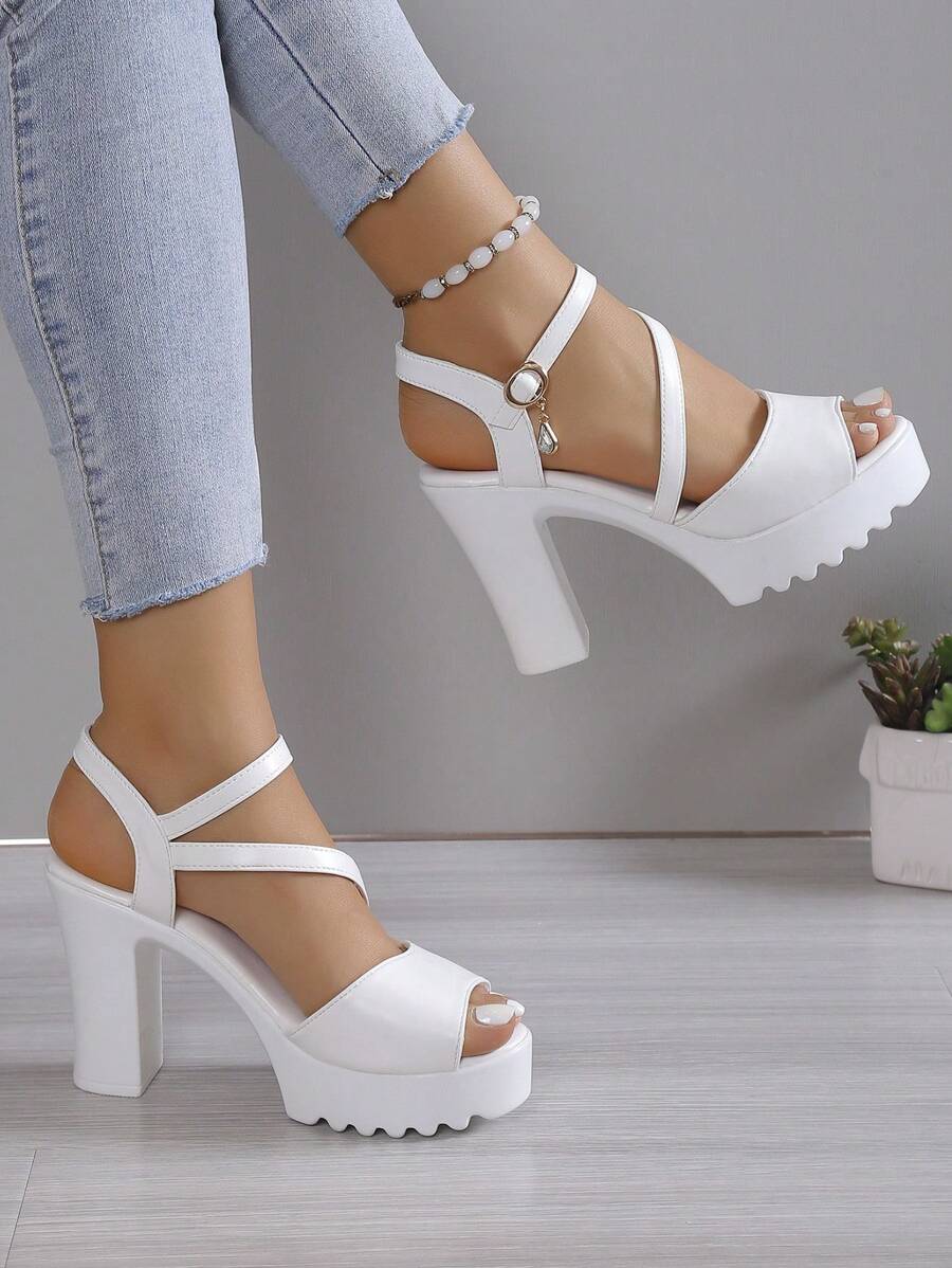Sandalias blancas elegantes para mujer, sandalias con plataforma, tacón grueso y tira de tobillo con decoración de rhinestones, para atuendos de primavera y verano - Blanco - Ver 1