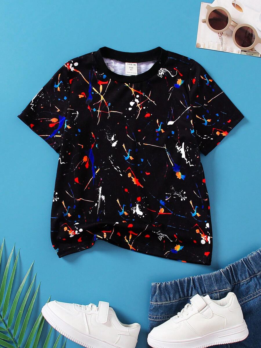 SHEIN 小男童潑墨圖案T恤 - 黑色 - 查看 1