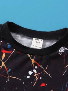 SHEIN 小男童潑墨圖案T恤 - 黑色 - 查看 3