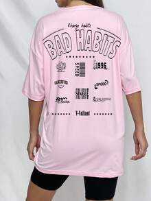 SHEIN Unity Áo thun cổ tròn in chữ và ngôi sao thường ngày cho nữ - Màu Hồng baby - Xem 3