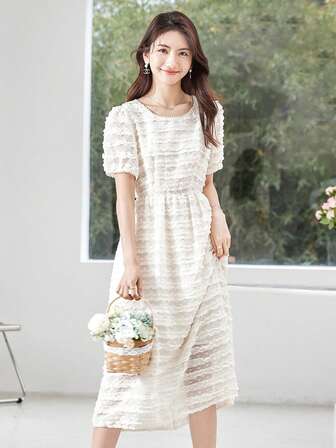Solid Puff Sleeve A-line Dress