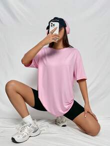 SHEIN Unity Áo thun cổ tròn in chữ và ngôi sao thường ngày cho nữ - Màu Hồng baby - Xem 2