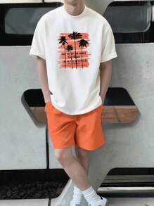 Manfinity Hypemode 男士熱帶圖案T恤和腰部抽繩短褲 - 彩色 - 查看 1