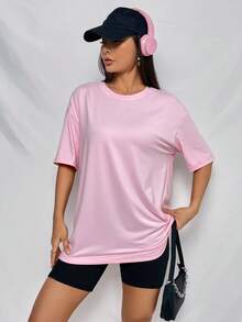 SHEIN Unity Áo thun cổ tròn in chữ và ngôi sao thường ngày cho nữ - Màu Hồng baby - Xem 4