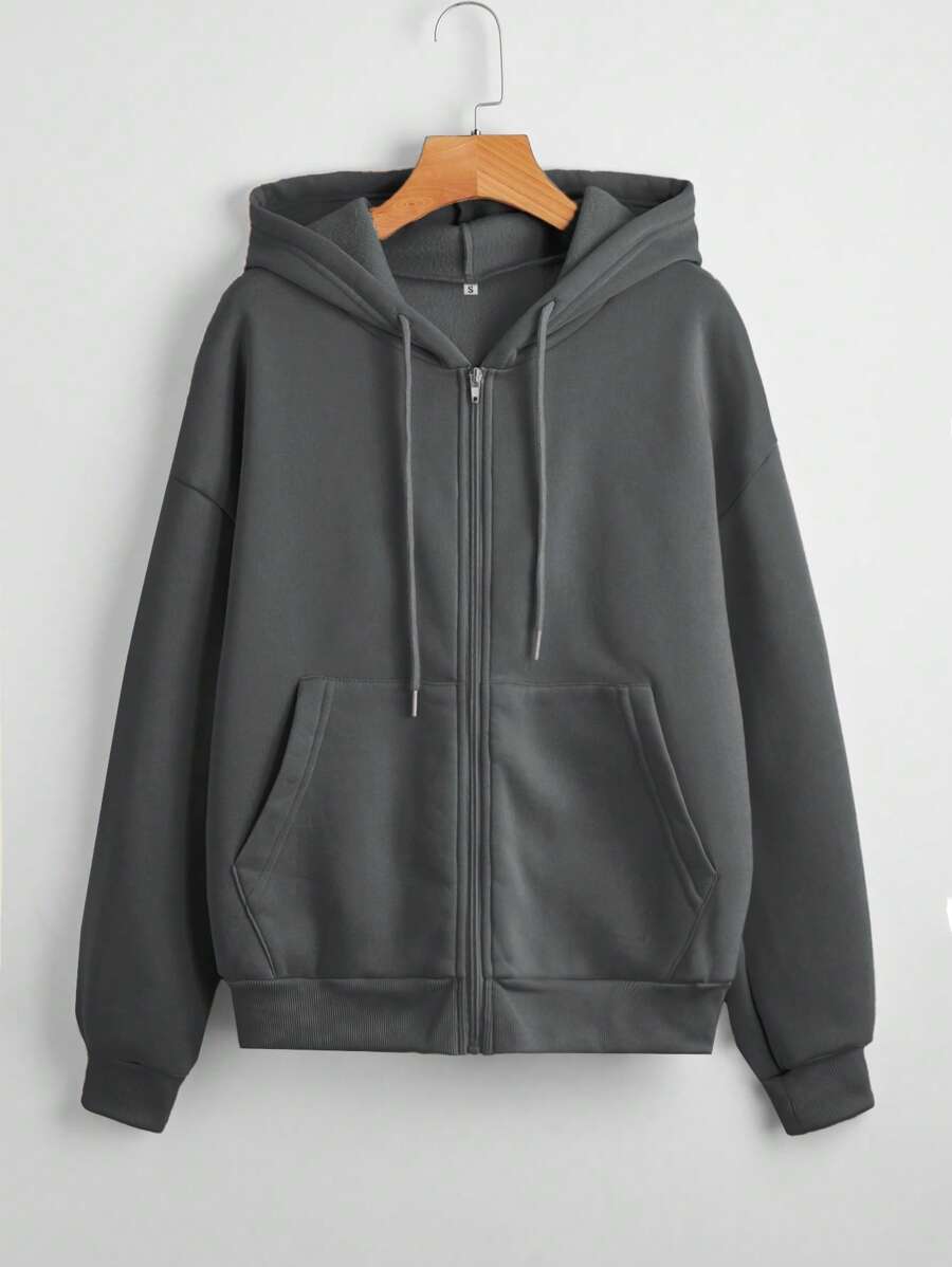INAWLY Solid Zip Up Drawstring Drop Shoulder Thermal Lined Hoodie,Long Sleeve Tops Graduation,Teacher,Back To School Fall - Dark Grey - View 1