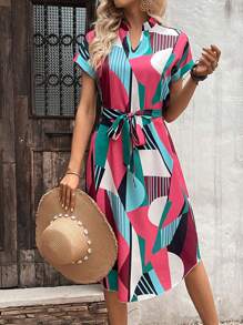 SHEIN LUNE Váy Maxi Tay Cánh Dơi In Hình Geo Có Thắt Lưng Màu Đỏ Tía Trang Phục Nữ - Màu Đỏ Sâu - Xem 3