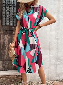 SHEIN LUNE Váy Maxi Tay Cánh Dơi In Hình Geo Có Thắt Lưng Màu Đỏ Tía Trang Phục Nữ - Màu Đỏ Sâu - Xem 4