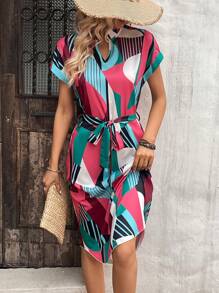 SHEIN LUNE Váy Maxi Tay Cánh Dơi In Hình Geo Có Thắt Lưng Màu Đỏ Tía Trang Phục Nữ - Màu Đỏ Sâu - Xem 5