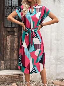 SHEIN LUNE Váy Maxi Tay Cánh Dơi In Hình Geo Có Thắt Lưng Màu Đỏ Tía Trang Phục Nữ - Màu Đỏ Sâu - Xem 6