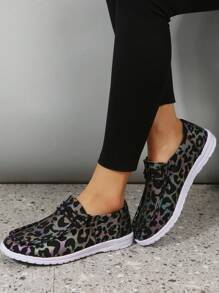 女士豹紋圖案繫帶休閒運動戶外帆布鞋 - 彩色 - 查看 2
