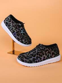 女士豹紋圖案繫帶休閒運動戶外帆布鞋 - 彩色 - 查看 6
