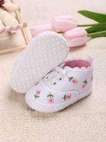 女婴系带设计花朵刺绣面料牛津鞋，适合春季 - 白色 - 查看 2