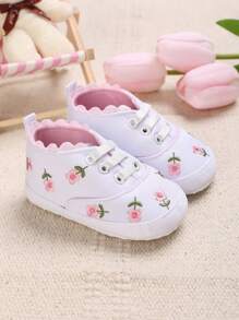 女婴系带设计花朵刺绣面料牛津鞋，适合春季 - 白色 - 查看 3