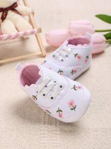 女婴系带设计花朵刺绣面料牛津鞋，适合春季 - 白色 - 查看 5