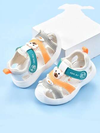 女嬰字母圖案動物裝飾魔術貼搭扣角斗士夏季涼鞋