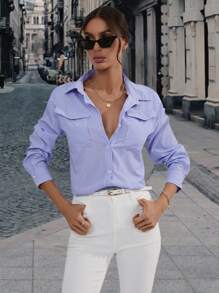 GENKIRA Áo sơ mi nữ Túi Nút phía trước Sọc Giải trí - Xanh và trắng - Xem 3