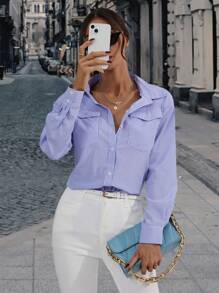 GENKIRA Áo sơ mi nữ Túi Nút phía trước Sọc Giải trí - Xanh và trắng - Xem 4